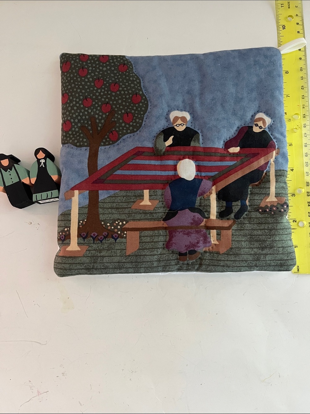 Handcrafted Quilted Pot Holder with Folk Art Sewing Scene & wood Amish figures